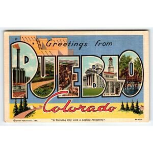 Greetings From Pueblo Colorado Large Letter Linen Postcard Curt Teich Vintage